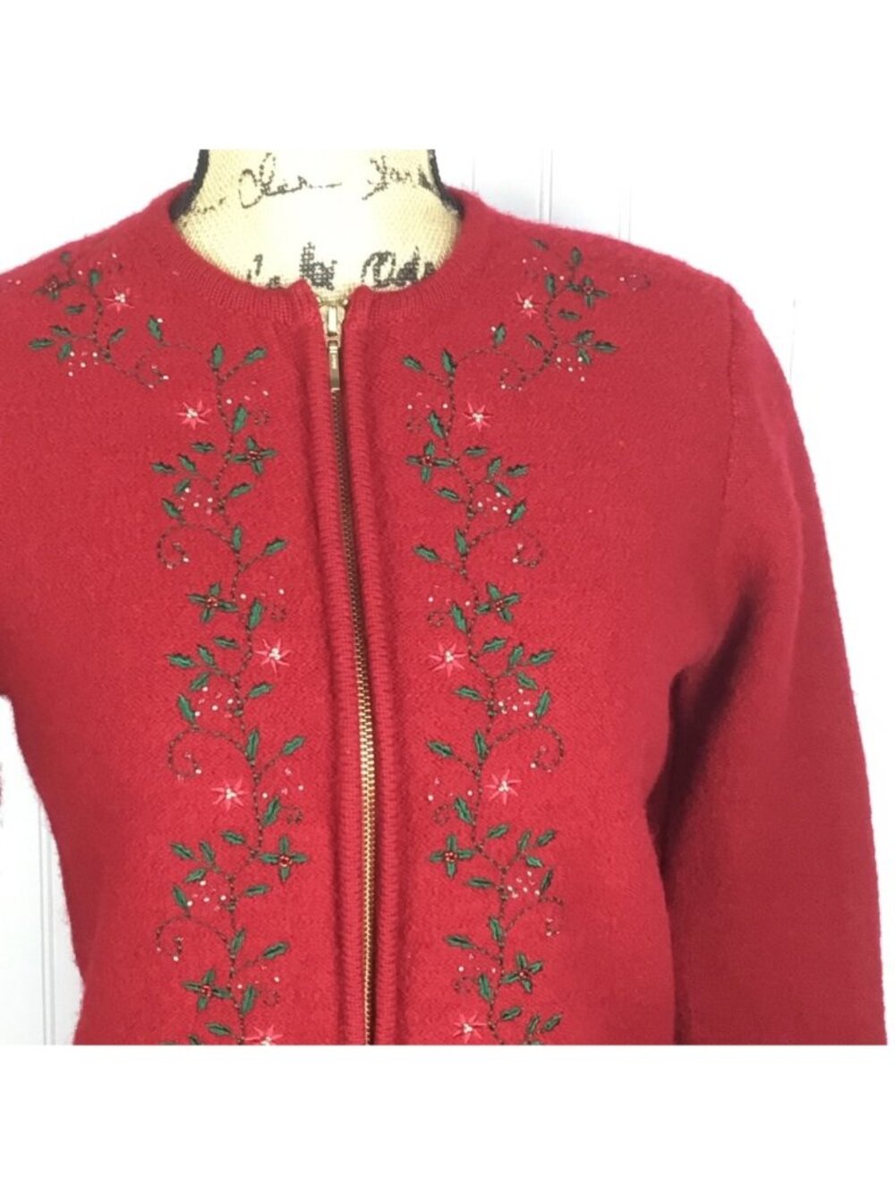Karen Scott Christmas Red Wool Zip Cardigan Sweater Womens Petite Small